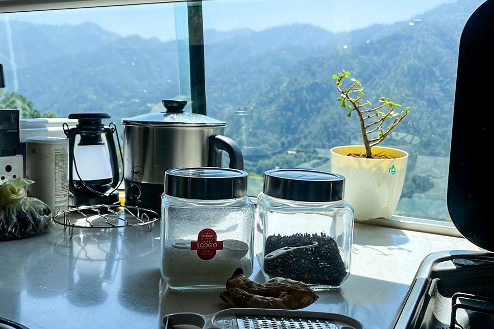 Caravan kitchenette used during a mountain trek journey